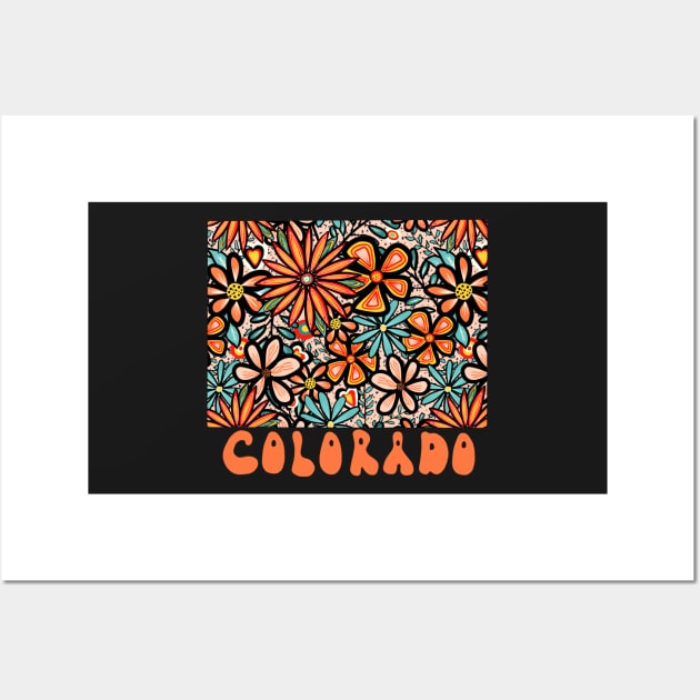 Colorado State Design | Artist Designed Illustration Featuring Colorado State Outline Filled With Retro Flowers with Retro Hand-Lettering Wall Art by MarcyBrennanArt